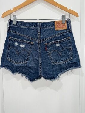 Levi's 501 Dark Blue Distressed High Waist Denim Shorts button fly size 27”
